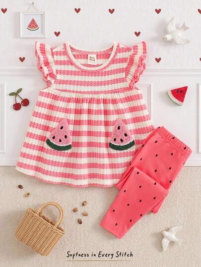 Cozy Pixies Baby Girl Striped Watermelon Applique Decor Round Neck T-Shirt And Watermelon Seed Print Casual Leggings Set