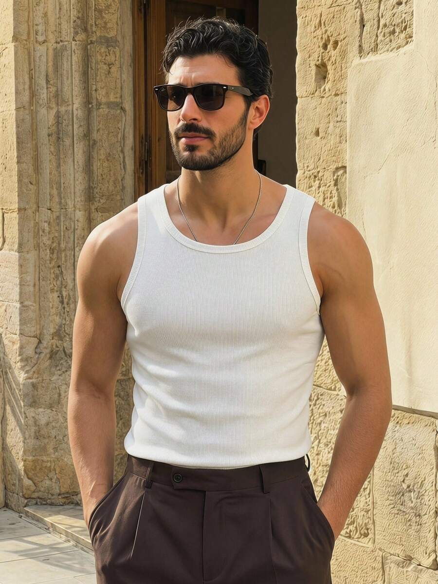 HIMLAND Herren Mode Lässig Minimalistisches enges weißes Trägershirt, vielseitig einsetzbar, für den täglichen Sommer - Weiss - Übersicht 1