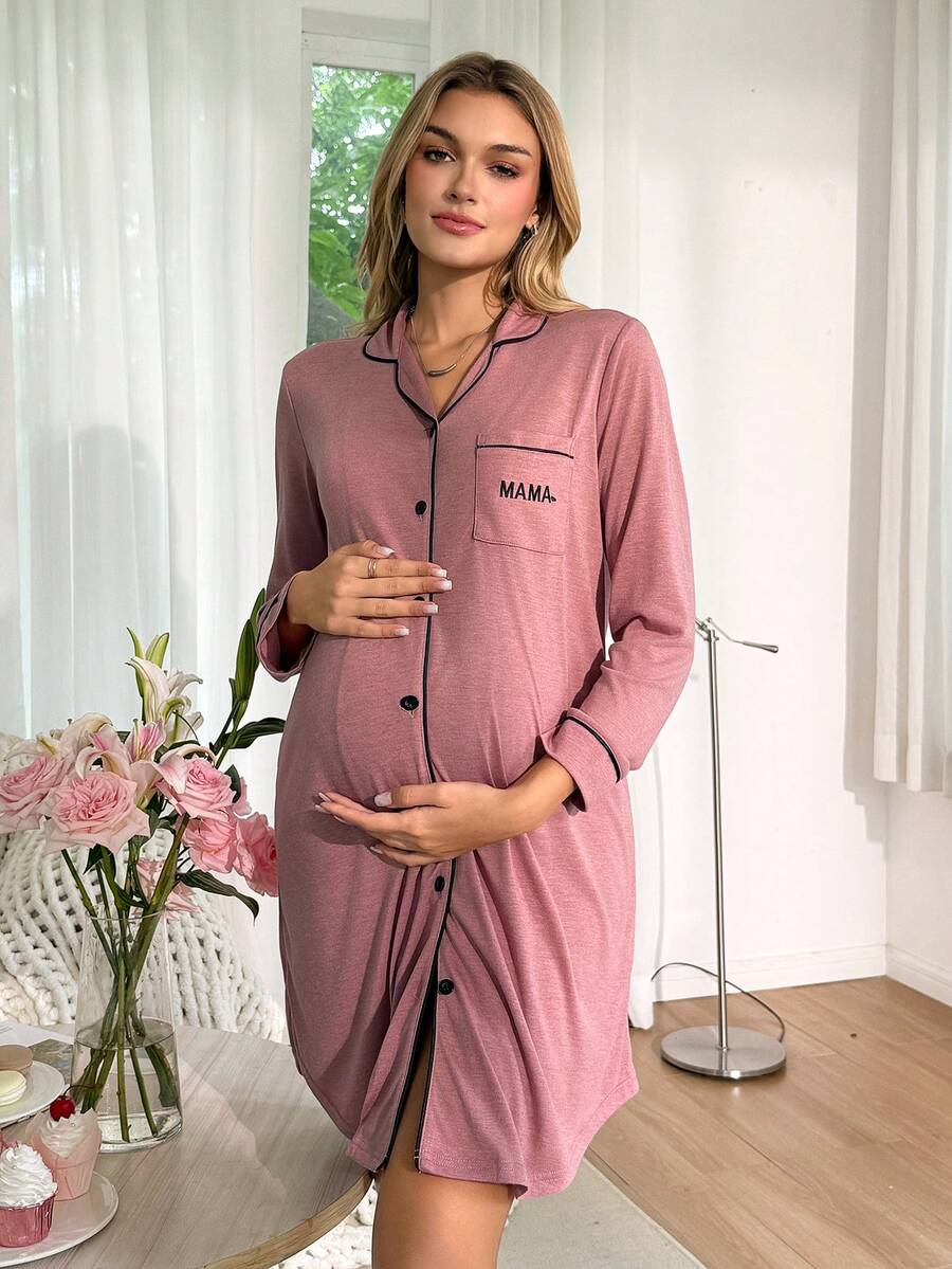 Moonlight&Mama Maternity Comfortable Contrast Trim Front Button Pocket Long Sleeve Dress, Summer Home Wear - Redwood - View 1
