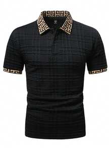 Manfinity Homme Men's Knitted Jacquard Solid Color Textured Collar & Cuff Black Ribbed Polo Shirt With 2 Black Buttons - Black - View 7