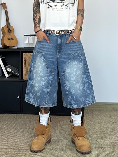 STEELVANCE Vintage Streetwear Fashionable Versatile Laser Print Rivet Cat Whisker Design Loose Straight Leg Casual Denim Shorts For Summer