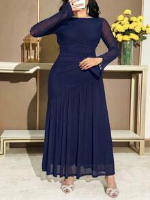 Feyla Plus Size Women Solid Color Contrast Mesh Ruffle Elegant Dress Wedding Gym Navy Blue Autumn Fall - Navy Blue - View 10