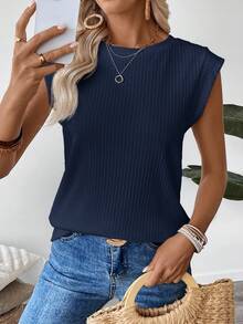 EMERY ROSE Camiseta casual y versátil de mujer de cuello redondo y costilla de unicolor - Azul Marino - Ver 7