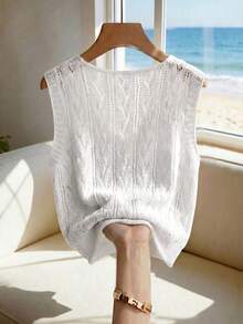 SHEIN Holidaya Women's Ivory Openwork Knit Vest,Summer V-Neck Sleeveless Leaf Pattern Button Front Knit Top,Ribbed Hem Vintage Casual Style Gift For Mother - White - View 2