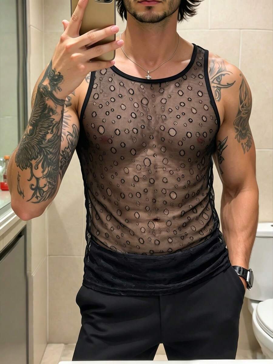 Manfinity Dauomo Áo vest nam gợi cảm, ren lưới rách xuyên thấu, ôm sát. - màu đen - Xem 1