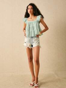 SHEIN Frenchy Women's Solid Color Square Neck Cap Sleeve Casual Shirt,Summer Top - Mint Green - View 3