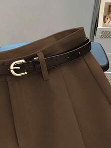 Franclia Casual & Commuting Fashion Versatile Mid-High Waist Belted Summer New Solid Color Khaki Shorts For Women - Chocolate Brown - View 3