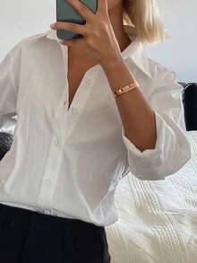 DAZY Women's Solid Color Single-Breasted Casual/Work Long Sleeve Shirt - Beige - View 4