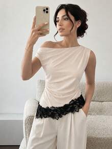 Mulvari Áo nữ thanh lịch một vai không tay, xếp ly, rủ, viền ren, kiểu dáng sang trọng, thường ngày công sở, ôm sát, màu mơ. - trắng - Xem 1