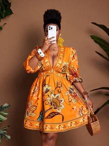 Maweii Vestido casual de fiesta con cuello en V profundo, estampado floral y drapeado para mujer de talla grande - Multicolor - Ver 2