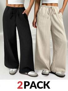 SHEIN Quần dài nữ tuổi teen màu đen và kaki dệt kim, có dây rút, dáng rộng, thoải mái. - Nhiều màu - Xem 1