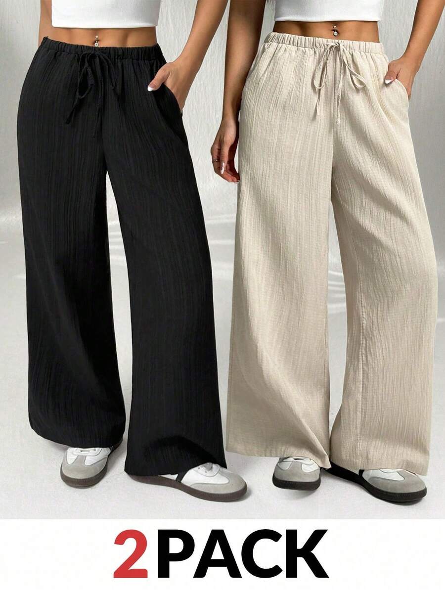 SHEIN Quần dài nữ tuổi teen màu đen và kaki dệt kim, có dây rút, dáng rộng, thoải mái. - Nhiều màu - Xem 1
