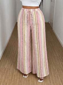Maweii Plus Size Women Striped Patchwork Casual Loose Wide Leg Pants, Versatile For Daily Wear - Pink - View 7