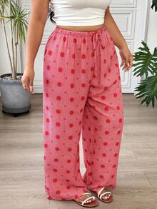 SHEIN EZwear 大码女式休闲格子印花抽绳腰带口袋长裤 - 紅色 - 查看 4
