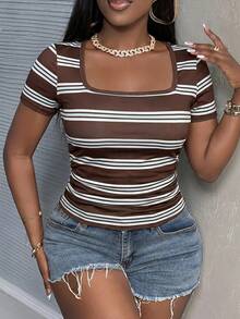 Slaydiva Minimalist Casual Basic Summer Square Neck Short Sleeve Slim Fit Side Ruched Ribbed Stretchy White Women T-Shirt - Multicolor - View 6
