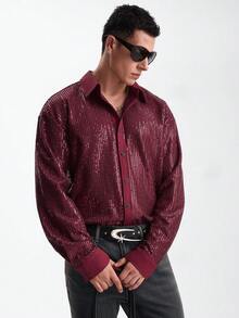 Zorclune 男士纯色亮片装饰单排扣长袖衬衫，适合拉斯维加斯之夜穿着；男士水钻衬衫；男士闪亮衬衫；红色亮片衬衫；男士亮片衬衫 - 酒紅色 - 查看 6