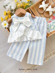 Cozy Pixies Baby Girl Blue & White Striped Ruffle Trim Bow Decor Casual Shirt And Loose Woven Wide Leg Pants Set - Multicolor - View 5