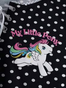 My Little Pony X SHEIN 女士休闲波点印花交叉绑带短袖T恤，夏季 - 黑色 - 查看 4