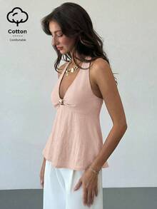 Aloruh Women's Linen Metal Decor Waist A-Line Shirt, Spring/Summer,Summer Top - Baby Pink - View 4