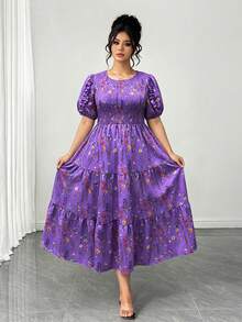 Elenzga Plus Size Women's Short Sleeve Elegant Floral Print Elastic Waist Layered A-Line Dress, Suitable For Spring And Summer - Purple - View 4
