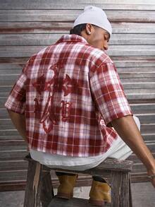 AXEPEAK Men's Plaid & Cross Print Casual Short Sleeve T-Shirt - Red - View 6