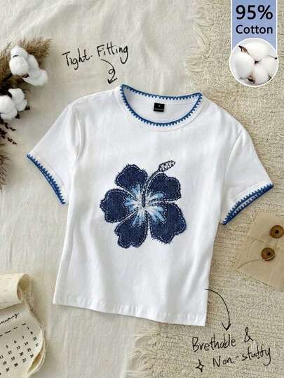 Tseoso 1pc Solid Form Fitted Tee, 95% Cotton, Hibiscus Flower Print, Suitable For Vacation, Beach, Outdoor, Street, And Airport Wear