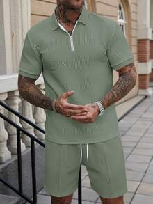 Manfinity Homme Setelan Kemeja Polo Lengan Pendek dan Celana Pendek Kasual Pria Warna Polos, Musim Panas - Mint Green - View 7