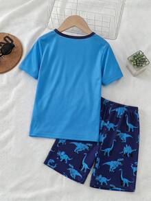 Bộ 2 món cho bé trai tuổi teen, thời trang xuân hè, in hình khủng long, cổ tròn, tay ngắn, kết hợp với quần short chủ đề khủng long, chất liệu vải dệt kim co giãn, ôm sát, thoải mái, thích hợp mặc ở nhà, ngoài trời và đa năng. - Màu xanh lam - Xem 2