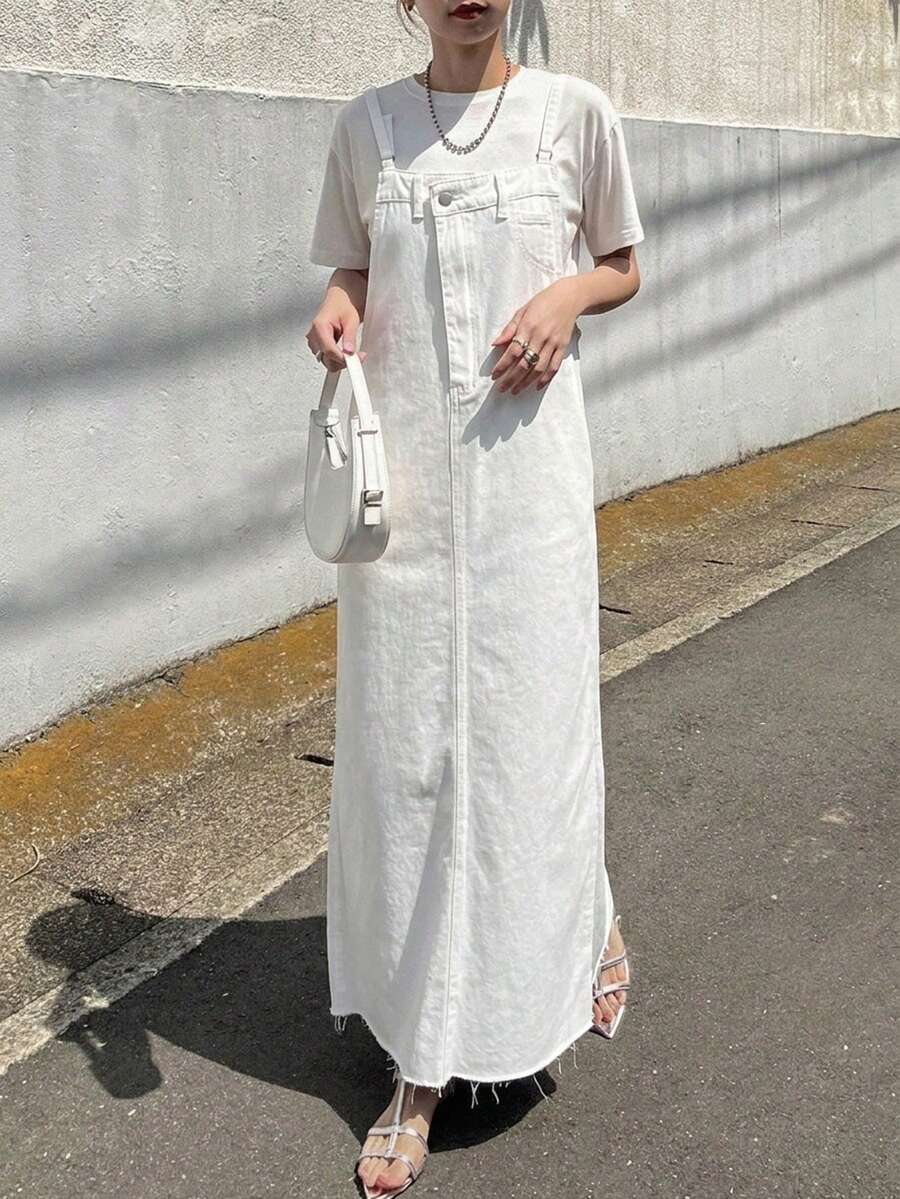 FRIFUL 女士时尚百搭纽扣牛仔背带裙 - 白色 - 查看 1