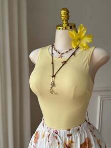 Comfortcana Plus Size Women Casual Solid Color Tank Top And Floral Print Elegant Skirt 2 Piece Set - Pale Yellow - View 4