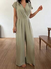 DAZY 女士简约休闲纯色交叉领纹理连体裤 - 綠色 - 查看 3