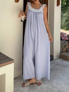 Livesso 女款對比色蕾絲荷葉邊下擺無袖連身褲睡衣 夏季 - 白色 - 查看 5
