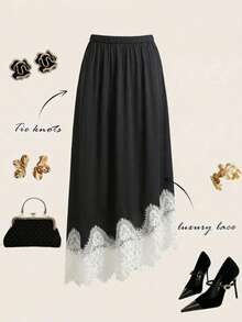 Franclia Damen Große Größen Satin Spitze Patchwork Rock, eleganter minimalistischer Rock, zarter Spitzenbesatz am Saum, geeignet für Frühling, Sommer, Herbst, Dates, Partys, Alltag Outfit, Büro - Schwarz - Übersicht 2
