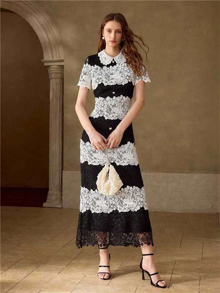 FASHIONABLE CONTRAST LACE LONG DRESS FOR WOMEN