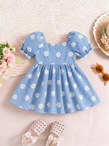 LMoss Kids 女嬰編織格紋與碎花方領泡泡袖休閒洋裝 - 藍色 - 查看 2