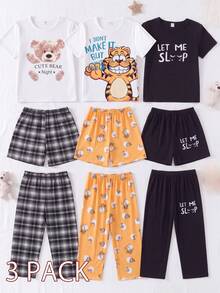 3pcs Girls Casual Comfortable Black Sleepwear Set With Slogan Graphic Short Sleeve Top, Shorts And Pants - Black - View 8