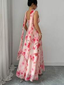 Selianne Women's Summer Elegant Floral Print V-Neck Sleeveless Waist Cinched Chiffon Maxi Dress Weddings Vacation Workplace Romantic Occasions Blush Pink - Apricot - View 2
