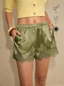 Poéselle Women's Elastic Waist Contrast Lace Pocket Elegant Shorts - Olive Green - View 2