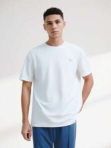 Driftmere 2pcs/Set Men Casual Knit Badge Decor Slim Fit Round Neck Short Sleeve T-Shirt And Drawstring Waist Pants Summer Outfit, Suitable For Daily Wear, Cozy Outfits Father's Day – A Fathers Day Gift Guide - Blue and White - View 4