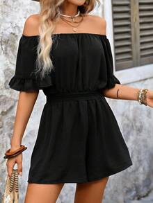 Swim Vcay Women's Summer Beach Solid Color Off Shoulder Ruffle Sleeve Drawstring Waist Casual Romper Jumpsuit - Black - View 4