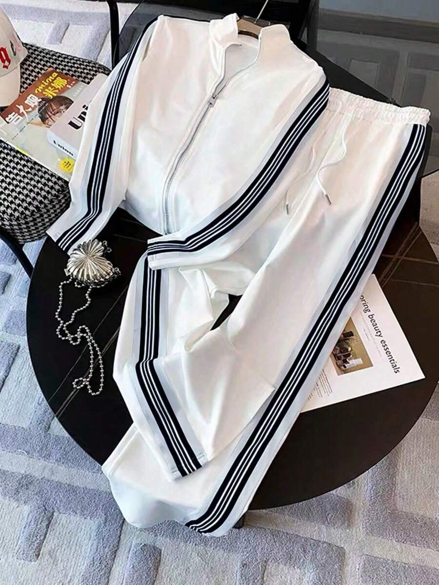 SHEIN Fitted Stand Collar Cardigan + Casual Slant Pocket Pants Set - White - View 1
