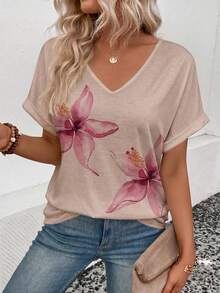 EMERY ROSE Floral Print V-Neck T-Shirt, Rolled Short Sleeve Casual Top For Women - Multicolor - View 4