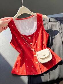 Elegante Blusa de Verano de Lunares Vintage con Decoración de Perlas para Mujer, Blusas Elegantes para Mujer, Atuendos de Trabajo para Mujer, Blusas de Verano para Mujer, Últimas Blusas Lindas para Mujer, Nuevos Llegados, Blusas Casuales Elegantes para Mujer - Rojo - Ver 3
