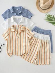 SHEIN 6件套男童可爱休闲条纹polo衫短裤套装，适合春夏假期、上学、日常穿着 - 彩色 - 查看 5