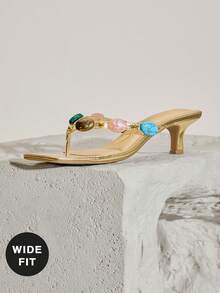 SHUZIA Wide Fit Women's Square Toe Gem Stones Kitten Heel Thong Sandals - Gold - View 7