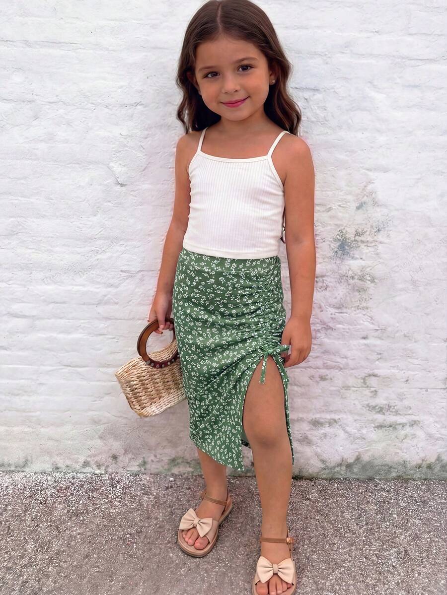 Emery Rose Kids Emery Rose Kids 两件套女童针织纯色吊带背心和碎花迷你裙套装 - 綠色 - 查看 1
