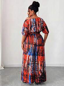 Maweii Setelan 2 Potong Lengan Pendek Kerah Asimetris Motif Fashion Ukuran Plus - MultiWarna - View 2