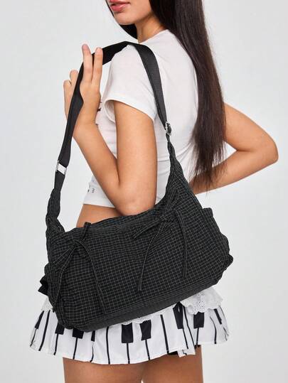 ROMWE Kawaii 新款格子蝴蝶结抽绳云朵褶皱单肩斜挎包 女士