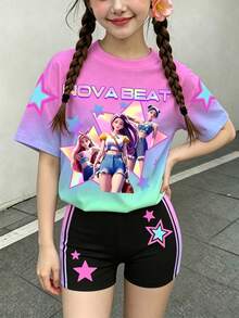 甜美清爽的紫色渐变星形印花图案少女休闲柔软修身圆领T恤+打底短裤套装，适合日常穿着、居家、度假，充满春日气息和夏日风情，四季皆宜。舒适时尚的女孩套装，休闲装，儿童印花服装，季节套装，新潮风格，轻松自在，尽享春夏时光，度过轻松愉快的暑假 - 彩色 - 查看 6