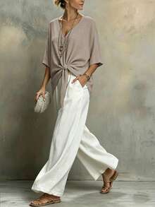 Louniche Women's Casual Linen-Like Solid Color V-Neck Twist Knot Blouse, Spring/Summer - Khaki - View 4